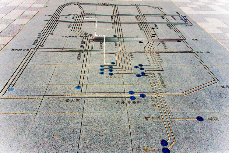 Engraved map of old Kyoto street car routes