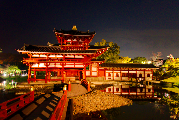 North Wing of the Phoenix Hall at Byōdō-in Temple illuminated at night