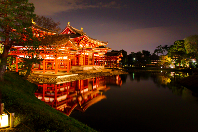 South Wing of the Phoenix Hall at Byōdō-in Temple illuminated at night