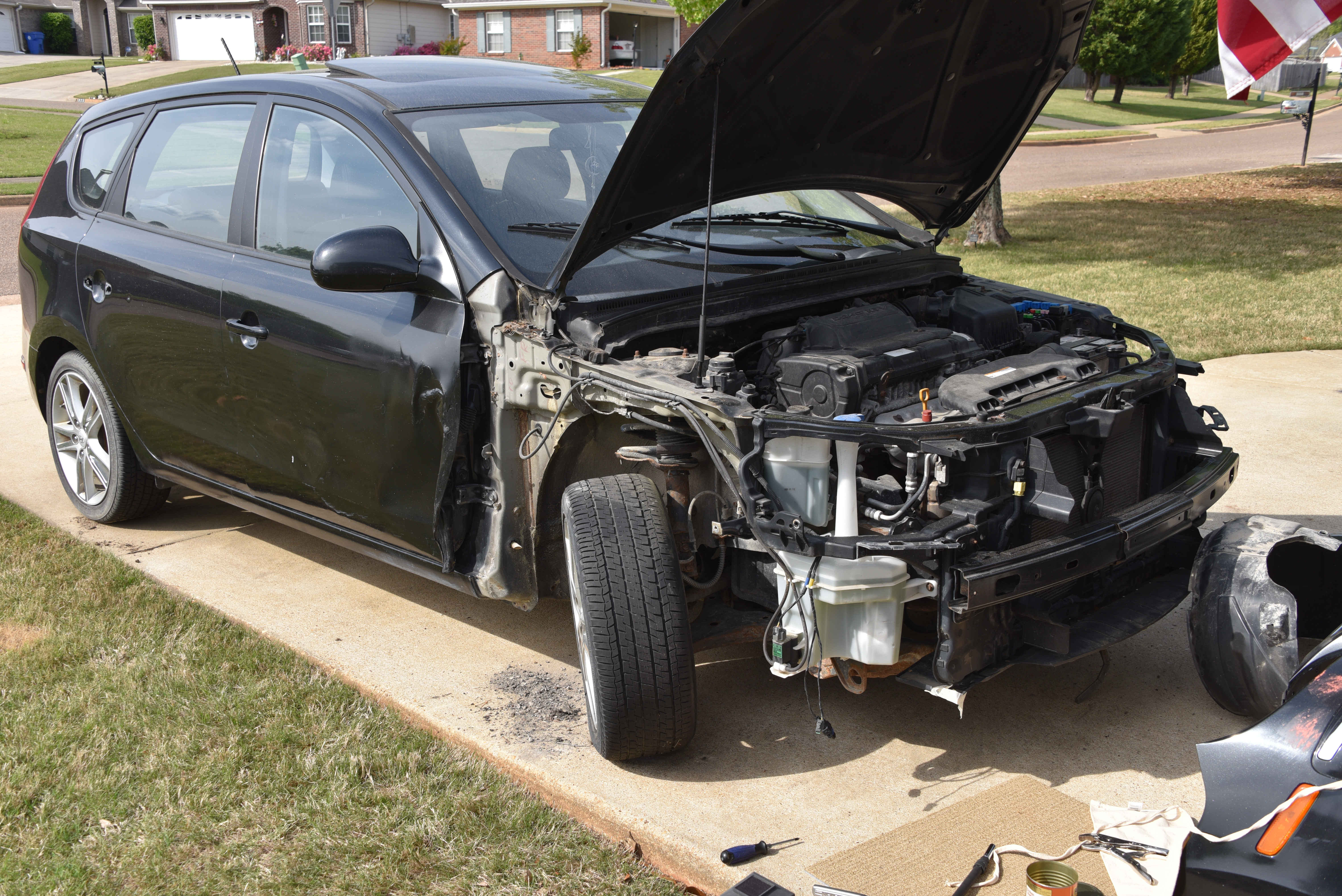 Left-hand side of car with fender removed