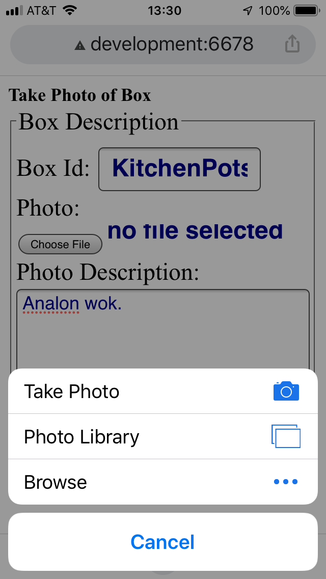 Prompt for image showing option to take photo